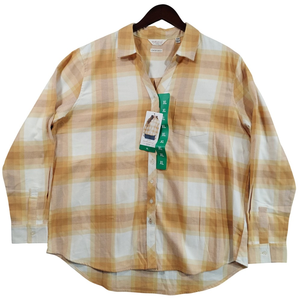 Weatherproof Vintage Button Down Shirt Womens XL Yellow Plaid Comfort Stretch